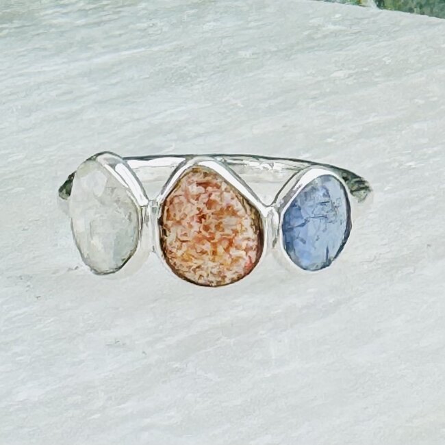 Sunstone Tanzanite & Rainbow Moonstone Rings - Size 5 Faceted Free Form Bezel Set - Sterling Silver