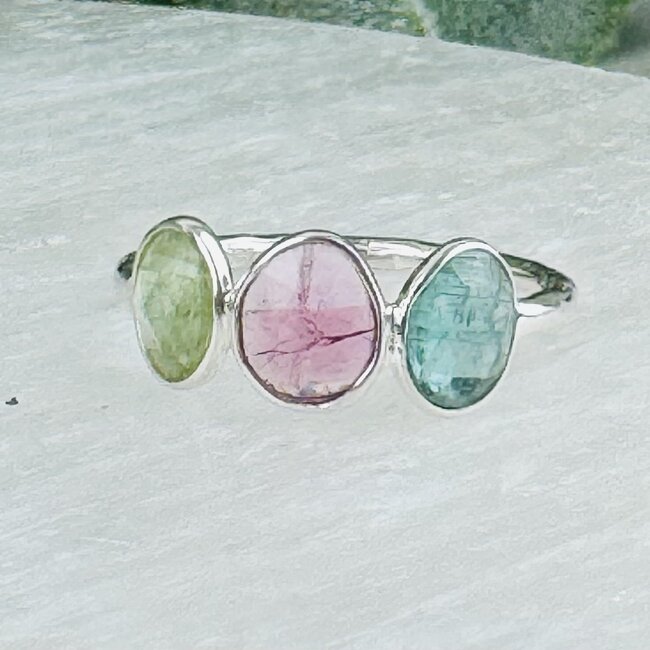 Green Pink (Watermelon) Blue Tourmaline Rings - Size 8 Faceted Free Form Bezel Set - Sterling Silver
