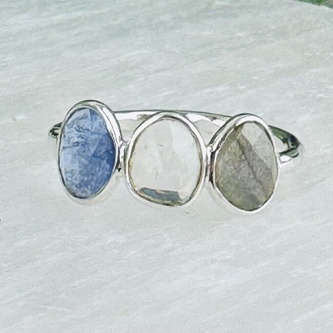 Rainbow Moonstone Tanzanite & Labradorite Rings - Size 9 Faceted Free Form Bezel Set - Sterling Silver