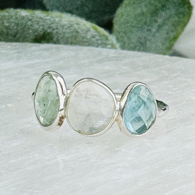 Rainbow Moonstone Blue Apatite & Green Kyanite Rings - Size 7 Faceted Free Form Bezel Set - Sterling Silver