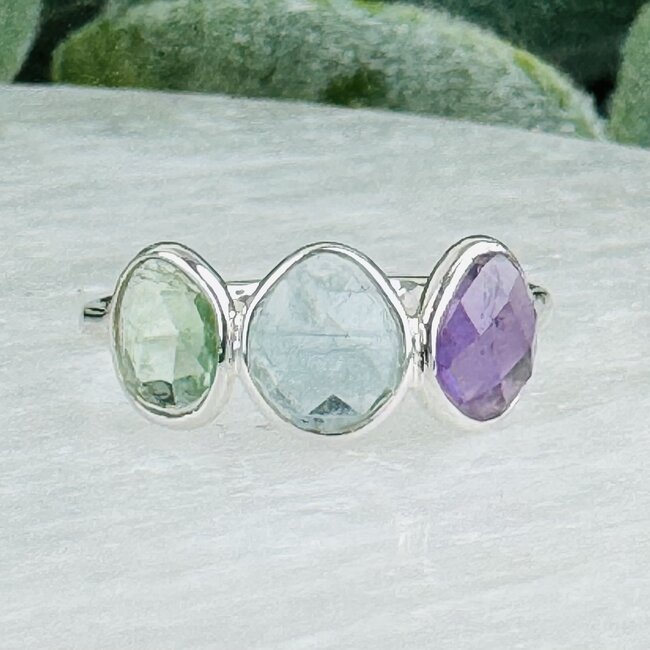 Blue & Green Kyanite Amethyst Rings - Size 7 Faceted Free Form Bezel Set - Sterling Silver