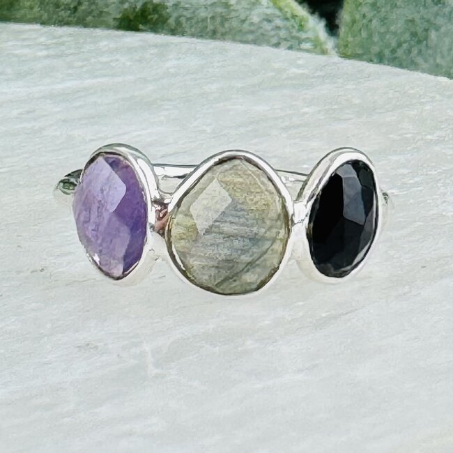 Labradorite Amethyst & Black Onyx Rings - Size 6 Faceted Free Form Bezel Set - Sterling Silver