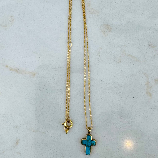 Turquoise Cross Necklaces Pendants - 16-18" Adjustable Dainty Link Chain 18k Gold Vermeil Bezel Set Cross