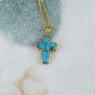Turquoise Cross Necklaces Pendants - 16-18" Adjustable Dainty Link Chain 18k Gold Vermeil Bezel Set Cross