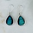 Blue Butterfly Wing Earrings - Dangle Drop Teardrop Pear Bezel Set - Sterling Silver