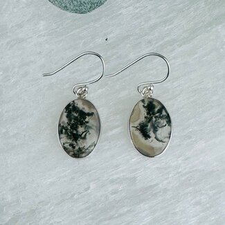 Moss Agate Earrings - Oval Dangle Drop - Bezel Set Sterling Silver