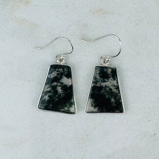 Moss Agate Earrings - Trapezoid Dangle Drop - Bezel Set Sterling Silver