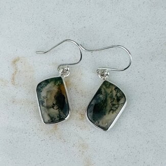 Moss Agate Earrings - Short Wave Dangle Drop - Bezel Set Sterling Silver