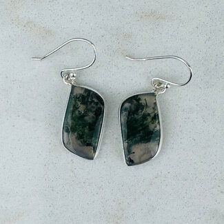 Moss Agate Earrings - Long Wave Dangle Drop - Bezel Set Sterling Silver