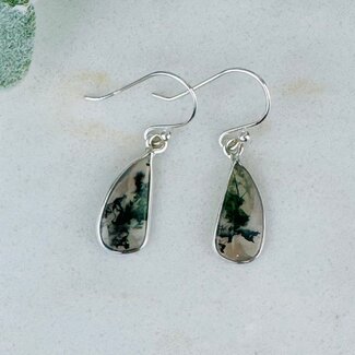 Moss Agate Earrings - 'Teardrop Pear' Dangle Drop - Bezel Set Sterling Silver