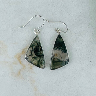 Moss Agate Earrings - Long Triangle Dangle Drop - Bezel Set Sterling Silver