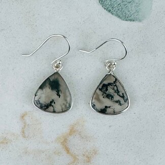 Moss Agate Earrings - Triangle Dangle Drop - Bezel Set Sterling Silver
