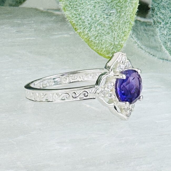 Amethyst & Moissanite Rings - Size 6 Round Circle Art Deco Quad Filigree - Claw Prong Set Sterling Silver