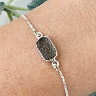 Moldavite Bracelets - Rough Raw Natural Bezel Set - Slider Ball Adjustable Sterling Silver