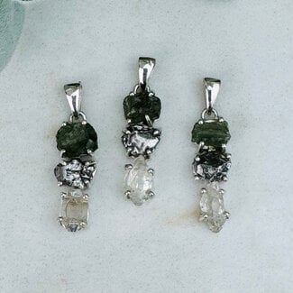 Moldavite Meteorite (Campo Del Cielo) & Herkimer Diamond Pendants - Rough Raw Natural - Bezel Set Sterling Silver