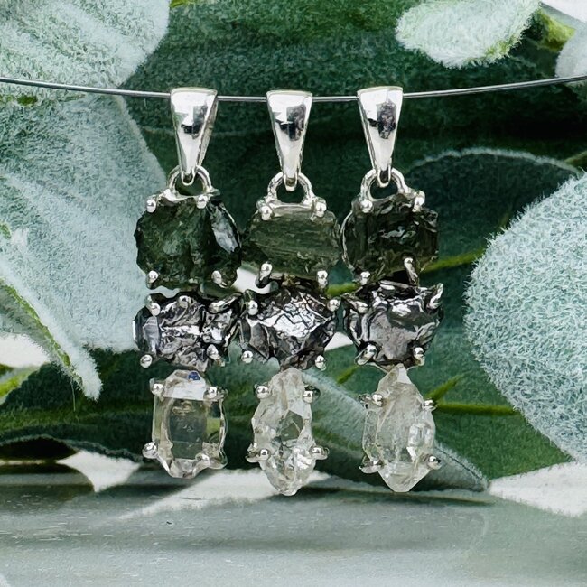 Moldavite Meteorite (Campo Del Cielo) & Herkimer Diamond Pendants - Rough Raw Natural - Bezel Set Sterling Silver
