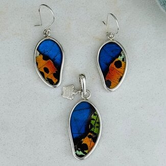 Multi Colored Butterfly Wing Earrings & Necklace Set - Dangle Drop Natural Free Form Bezel Set - Sterling Silver