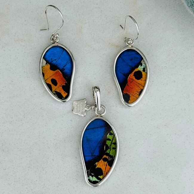Multi Colored Butterfly Wing Earrings & Necklace Set - Dangle Drop Natural Free Form Bezel Set - Sterling Silver