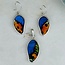 Multi Colored Butterfly Wing Earrings & Necklace Set - Dangle Drop Natural Free Form Bezel Set - Sterling Silver