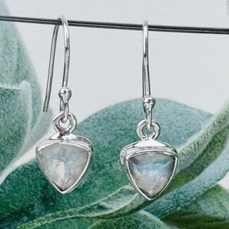 Rainbow Moonstone Earrings - Dangle Drop Triangle Faceted - Double Bezel Set Sterling Silver