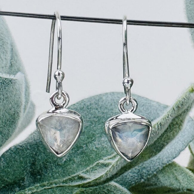 Rainbow Moonstone Earrings - Dangle Drop Triangle Faceted - Double Bezel Set Sterling Silver