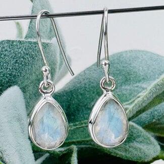 Rainbow Moonstone Earrings - Dangle Drop Teardrop Pear Faceted - Bezel Set Sterling Silver
