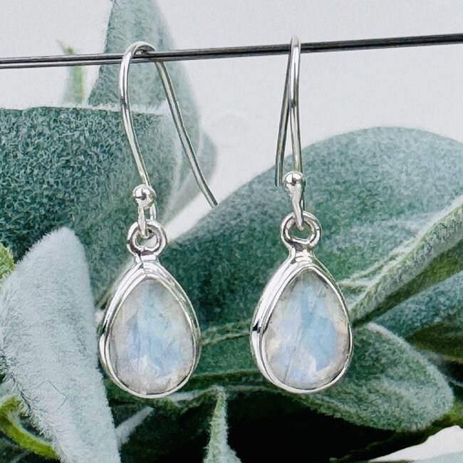 Rainbow Moonstone Earrings - Dangle Drop Teardrop Pear Faceted - Bezel Set Sterling Silver