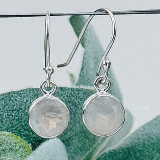 Rainbow Moonstone Earrings - Dangle Drop Circle Round Faceted - Bezel Set Sterling Silver