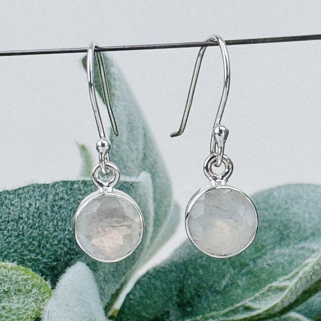 Rainbow Moonstone Earrings - Dangle Drop Circle Round Faceted - Bezel Set Sterling Silver