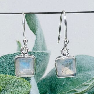 Rainbow Moonstone Earrings - Dangle Drop Square Faceted - Double Bezel Set Sterling Silver
