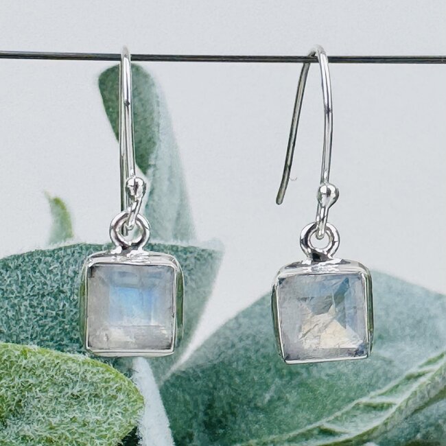Rainbow Moonstone Earrings - Dangle Drop Square Faceted - Double Bezel Set Sterling Silver