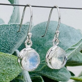 Rainbow Moonstone Earrings - Dangle Drop Circle Round Faceted - Double Bezel Set Sterling Silver