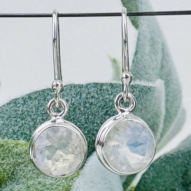 Rainbow Moonstone Earrings - Dangle Drop Circle Round Faceted - Double Bezel Set Sterling Silver