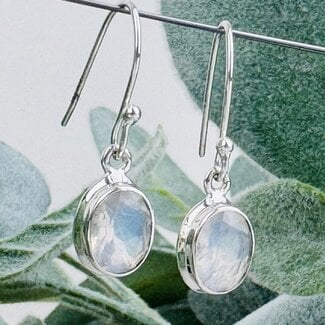 Rainbow Moonstone Earrings - Dangle Drop Oval Faceted - Double Bezel Set Sterling Silver