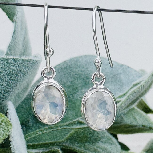 Rainbow Moonstone Earrings - Dangle Drop Oval Faceted - Double Bezel Set Sterling Silver