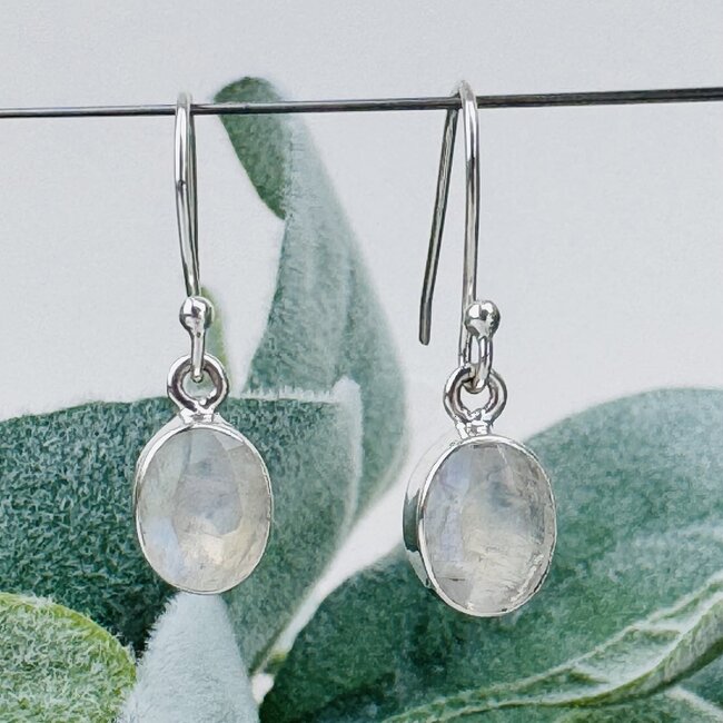 Rainbow Moonstone Earrings - Dangle Drop Oval Faceted - Bezel Set Sterling Silver