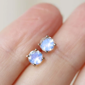 Rainbow Moonstone Earrings - 5mm Round Studs - Claw Prong Set Sterling Silver