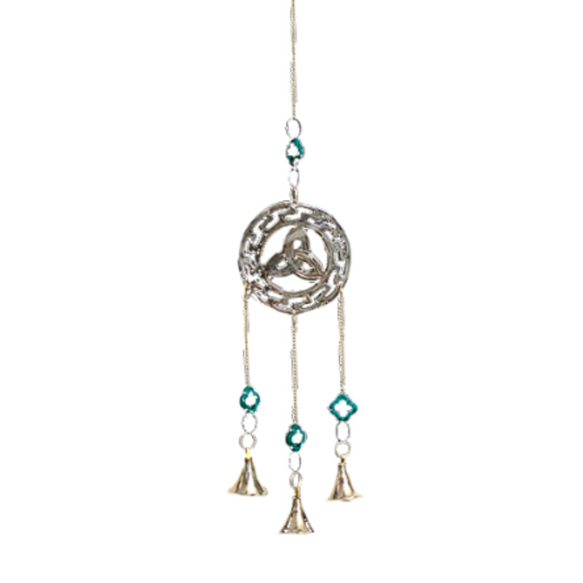 Hanging Bells - Triquetra with Turquoise Colored Clovers 3 Bells - 15" Home Decor Wall