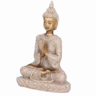 Meditating Seated Buddha - Medium 3.25" White & Gold - Statue Statuary Carving Home Decor - Sandstone & Resin