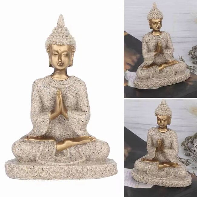 Meditating Seated Buddha - Medium 3.25" White & Gold - Statue Statuary Carving Home Decor - Sandstone & Resin