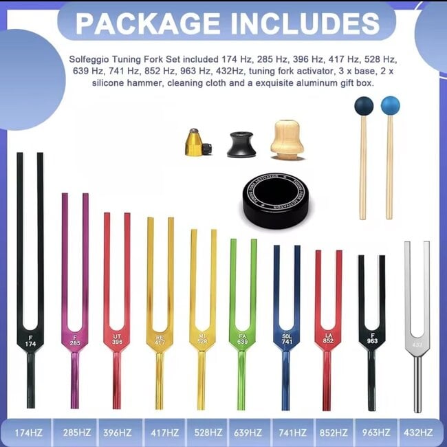 Tuning Forks (Set of 10) - Multicolored Chakra Reiki with Aluminum Case Activator & Strikers Frequency Hz Attuned