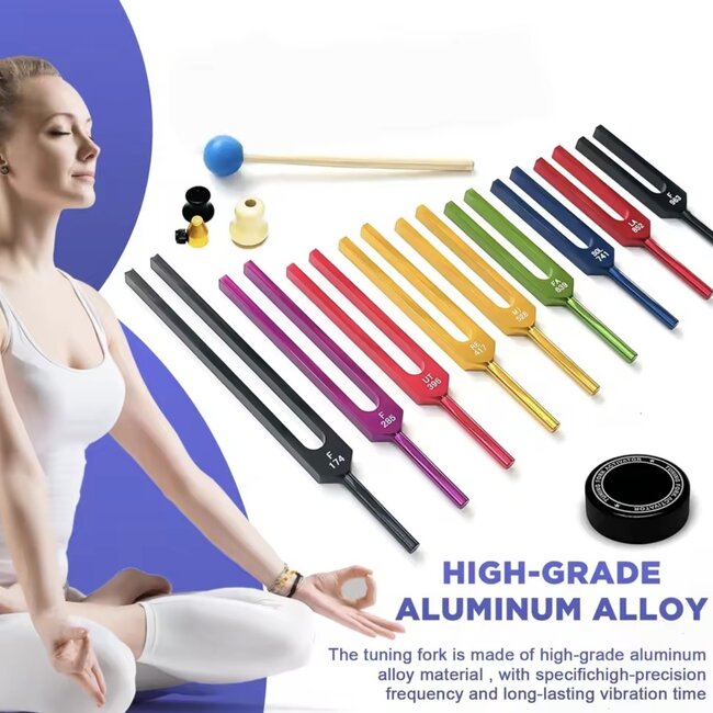 Tuning Forks (Set of 10) - Multicolored Chakra Reiki with Aluminum Case Activator & Strikers Frequency Hz Attuned