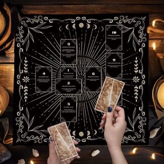 Tarot Celtic Cross Altar Cloth  - Black & Gold Moons Phases - Tarot Mat, Divination Table Cover 19"x19"