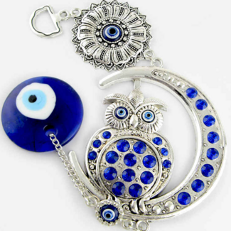 Evil Eye Wall Hanging Decor - Blue Owl Crescent Moon - 10" Silver