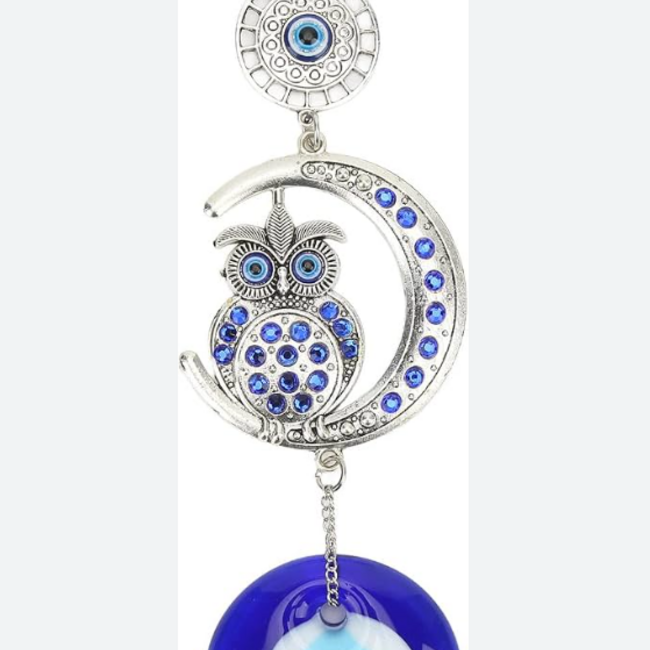 Evil Eye Wall Hanging Decor - Blue Owl Crescent Moon - 10" Silver