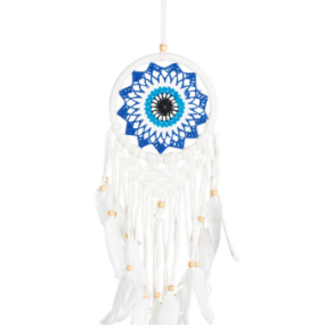 Evil Eye Blue Dreamcatcher Dream Catcher - 28" Macrame Crochet White Feathers Beaded