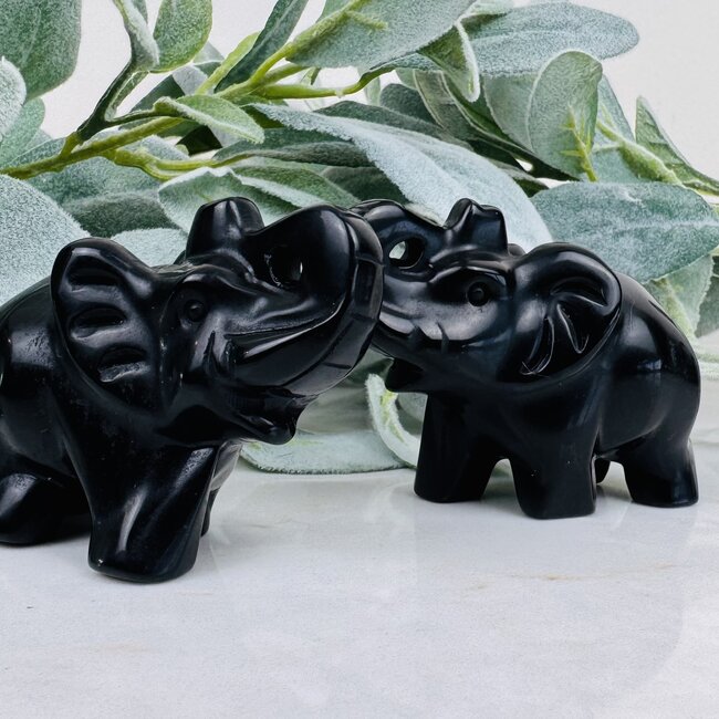 Black Obsidian Elephant - 3.5" Medium Animal Carving Figurine