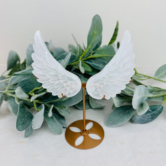 Selenite Angel Wings on Gold Stand Pin - 7-8" Carving Specimen