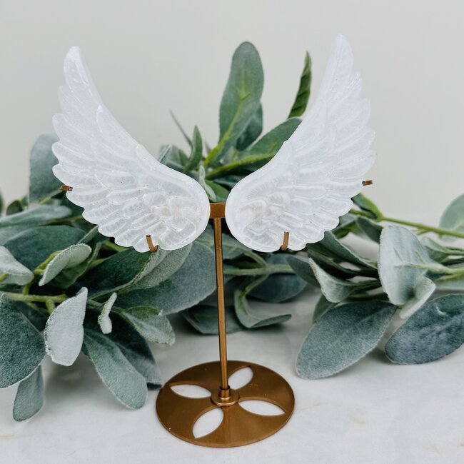 Selenite Angel Wings on Gold Stand Pin - 7-8" Carving Specimen