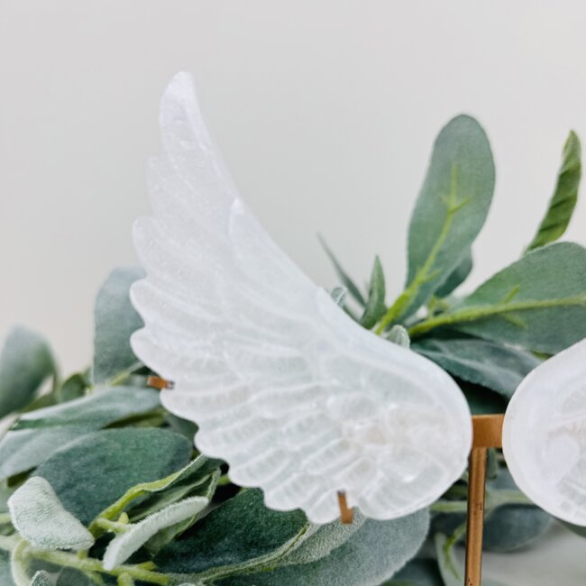 Selenite Angel Wings on Gold Stand Pin - 7-8" Carving Specimen